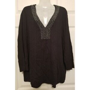 Rafaella Women's Top Shirt Black Size 2X Beaded Embellished V-Neck 3/4 Stretch